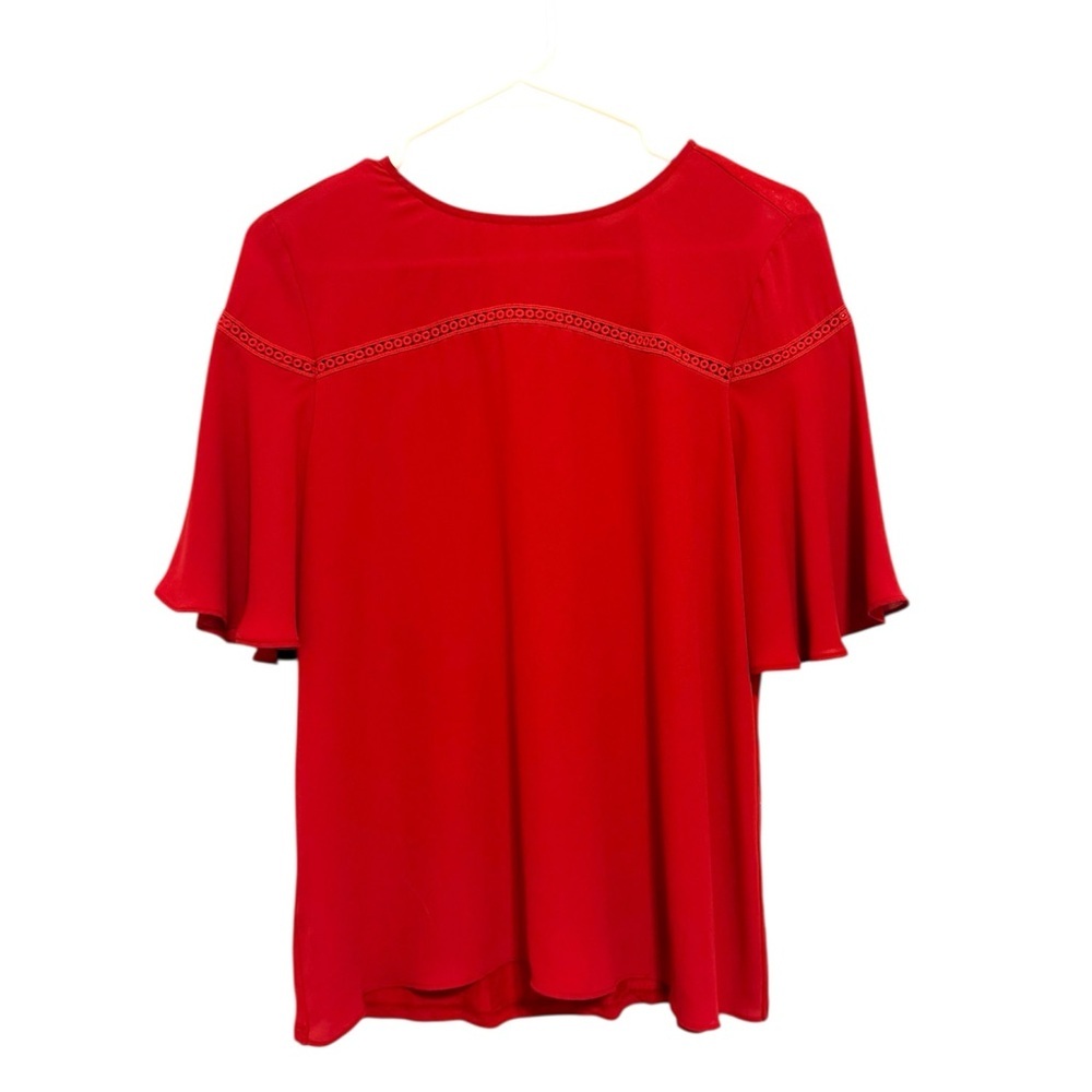 2/$30 LOFT Red Crochet Detail Flutter Sleeve Blouse Keyhole Back Size S